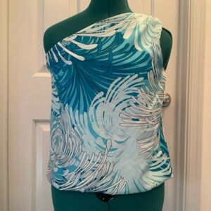 New York & Company Shades Of Blue & white Floral one shoulder blouse Xs